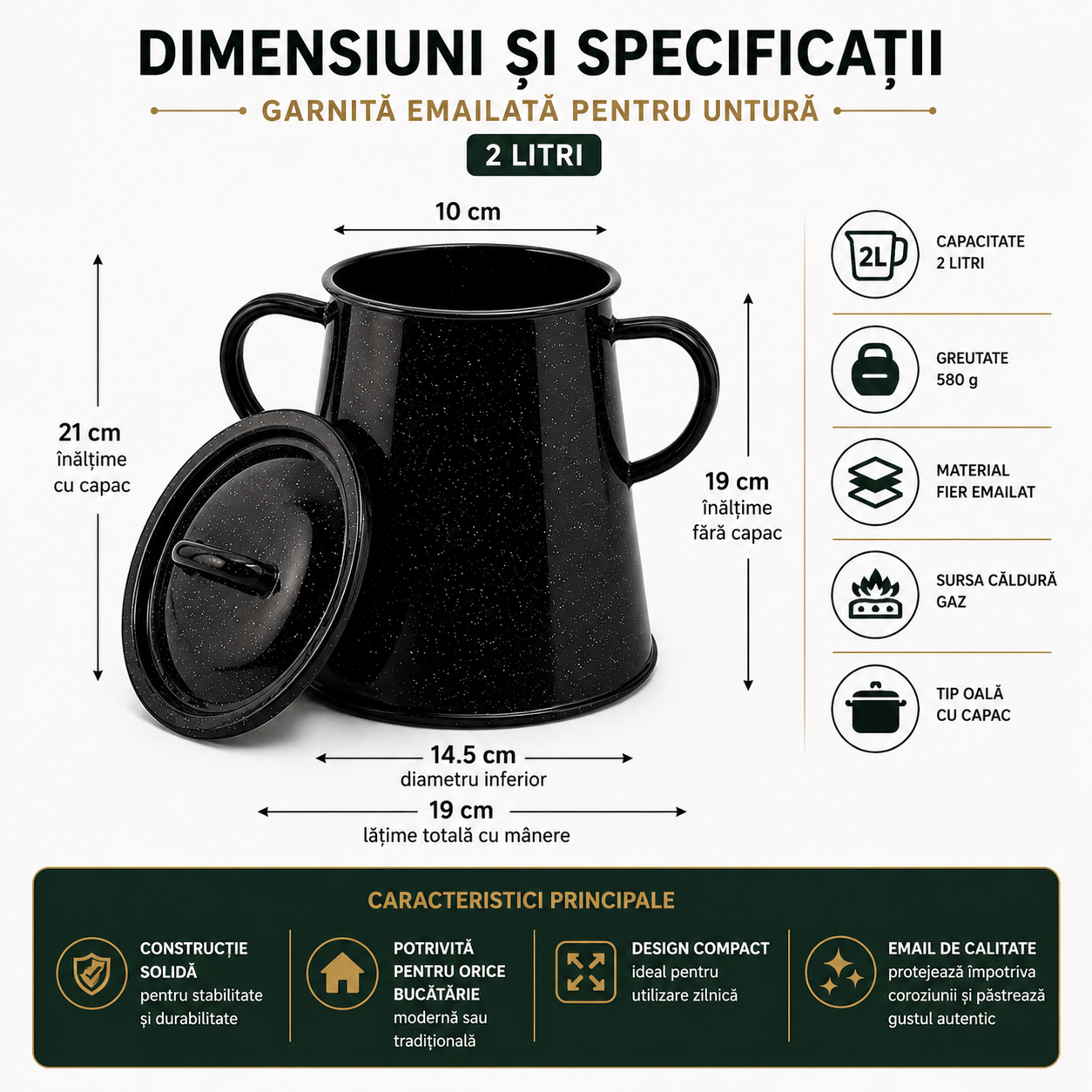 Garnita Emailata pentru Untura 2L cu Capac, Negru, Recipient Traditional