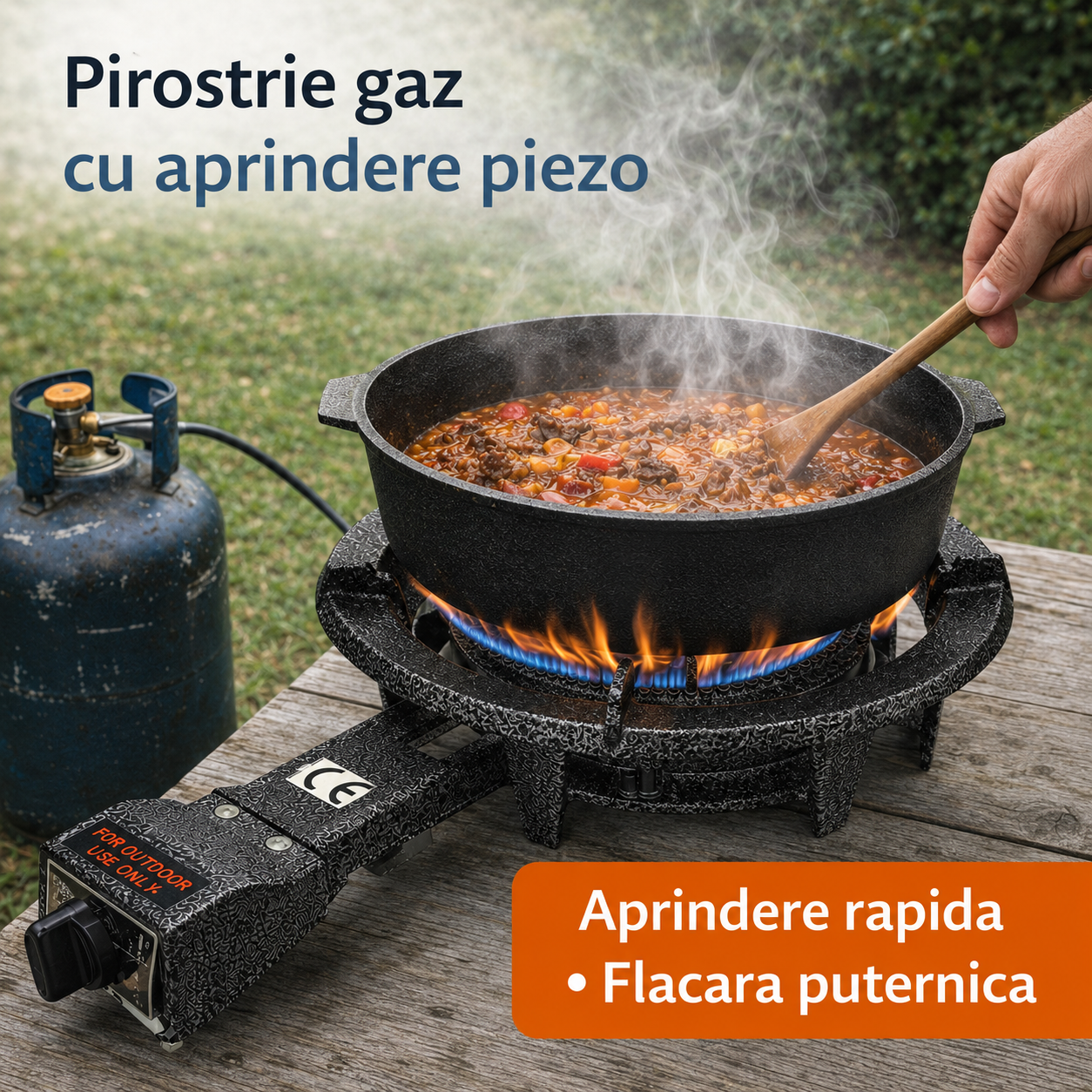 Pirostrie pe Gaz Flinke cu Aprindere Piezo, Fonta, Arzator Dublu Inel, Pentru Ceaun