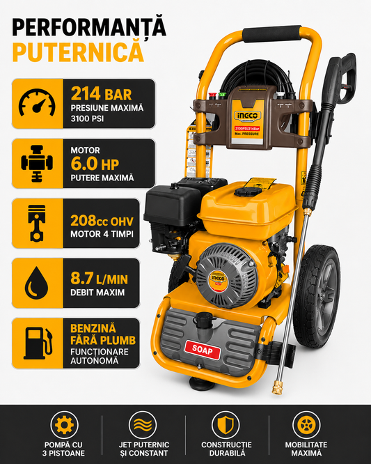 Aparat de Spalat cu Presiune pe Benzina 6.0HP, 214 Bar, Motor OHV 4 Timpi, 3100 PSI.