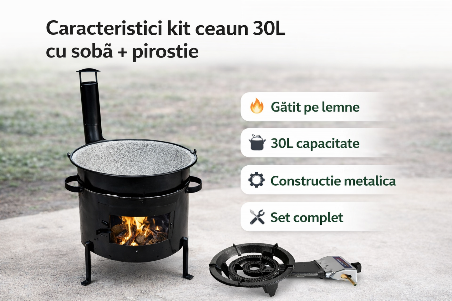 Kit Ceaun 30L cu Soba Metalica si Horn, Pentru Gatit Traditional in Aer Liber