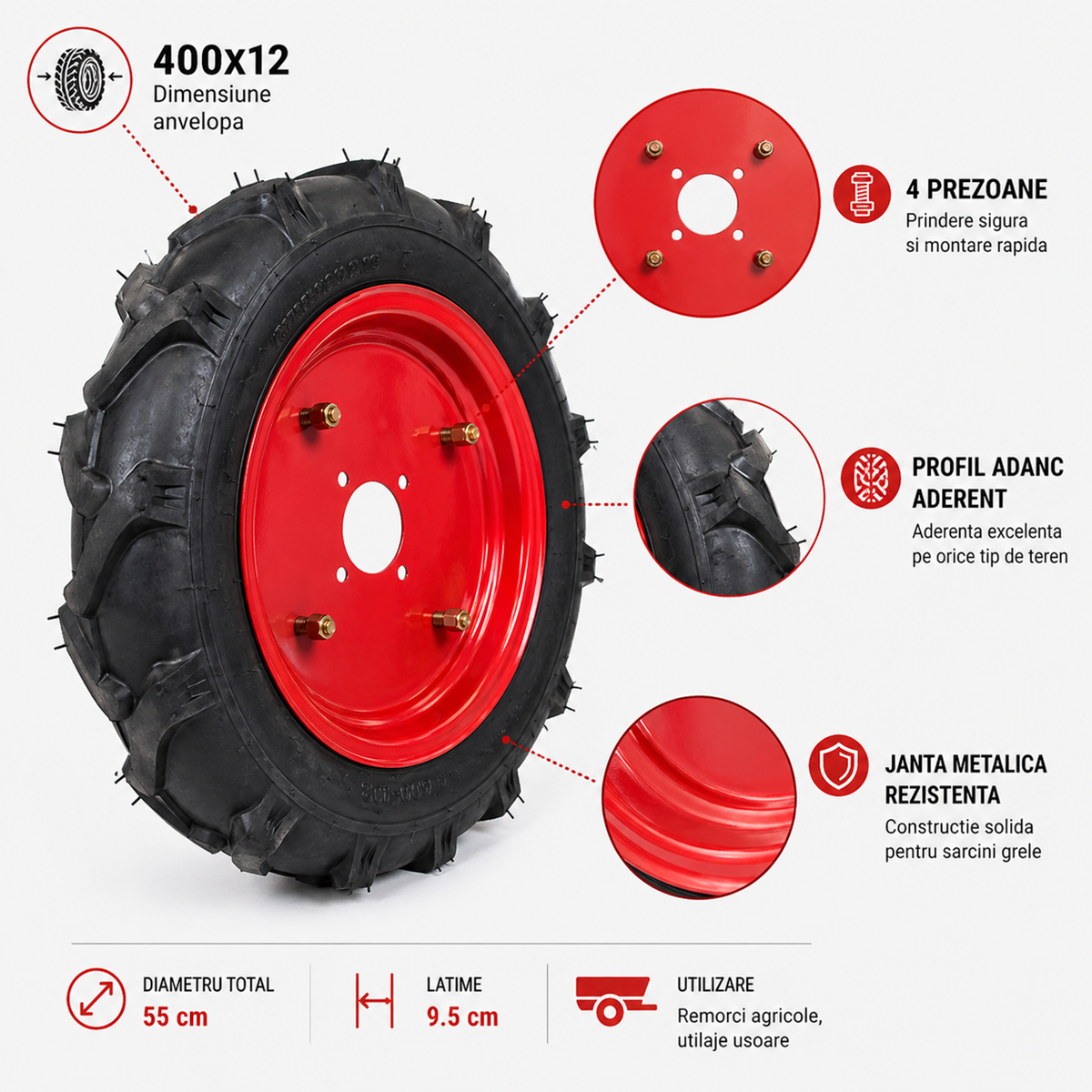 Roata agricola 400x12, 4 prezoane, rezistenta, pentru remorca