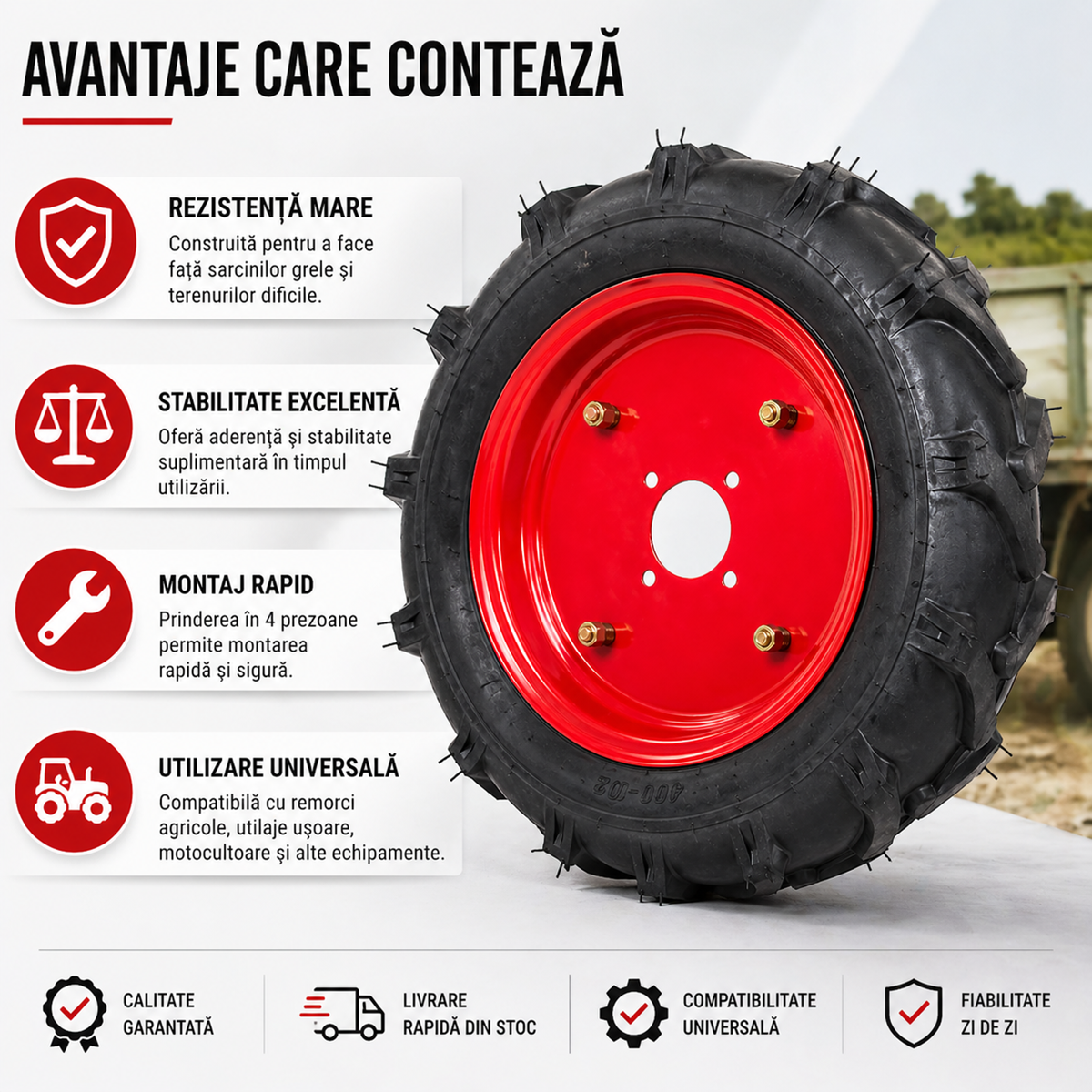 Roata agricola 400x12, 4 prezoane, rezistenta, pentru remorca