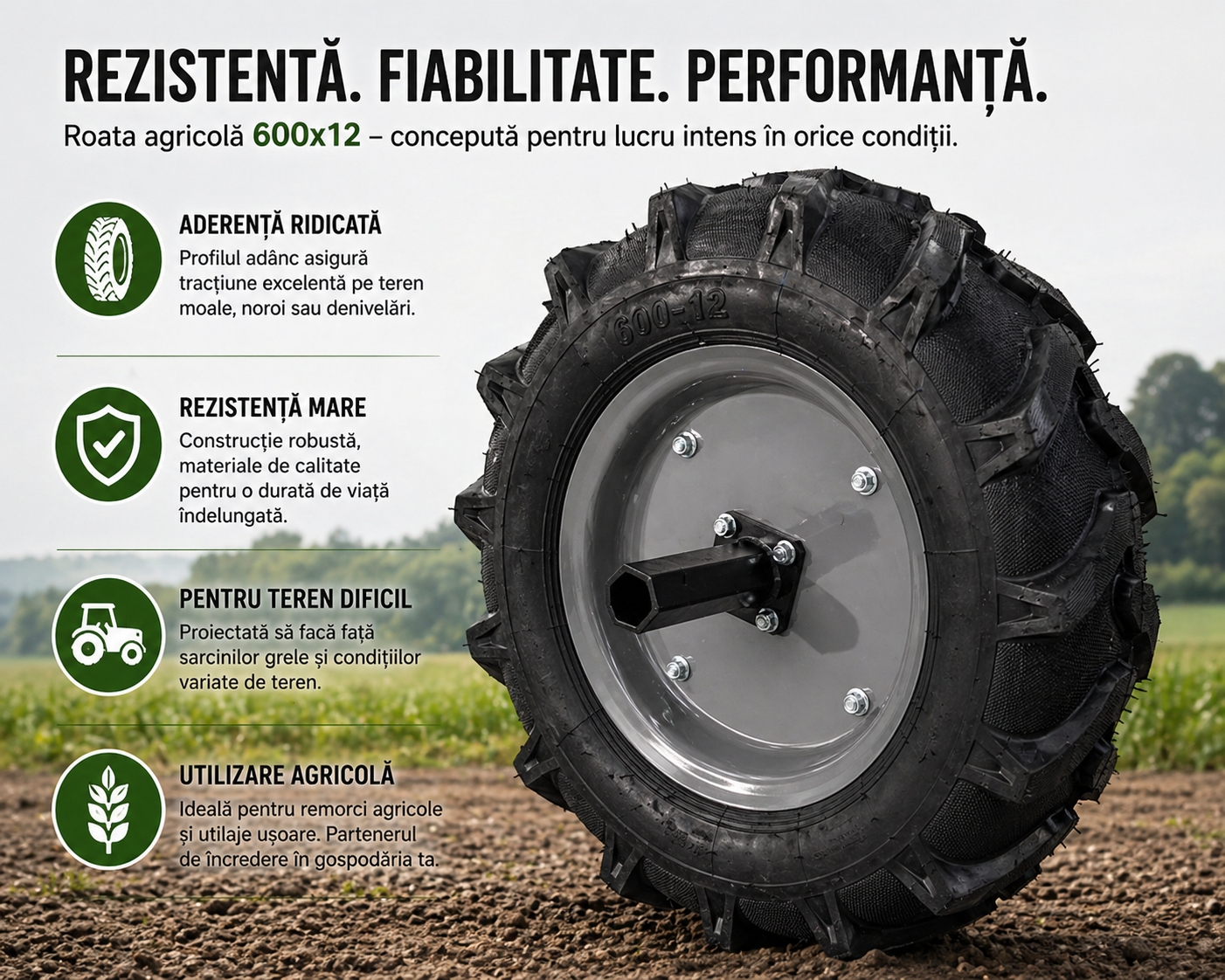 Roata Agricola 600x12 cu Janta 4 Prezoane, pentru Remorca si Utilaje Agricole