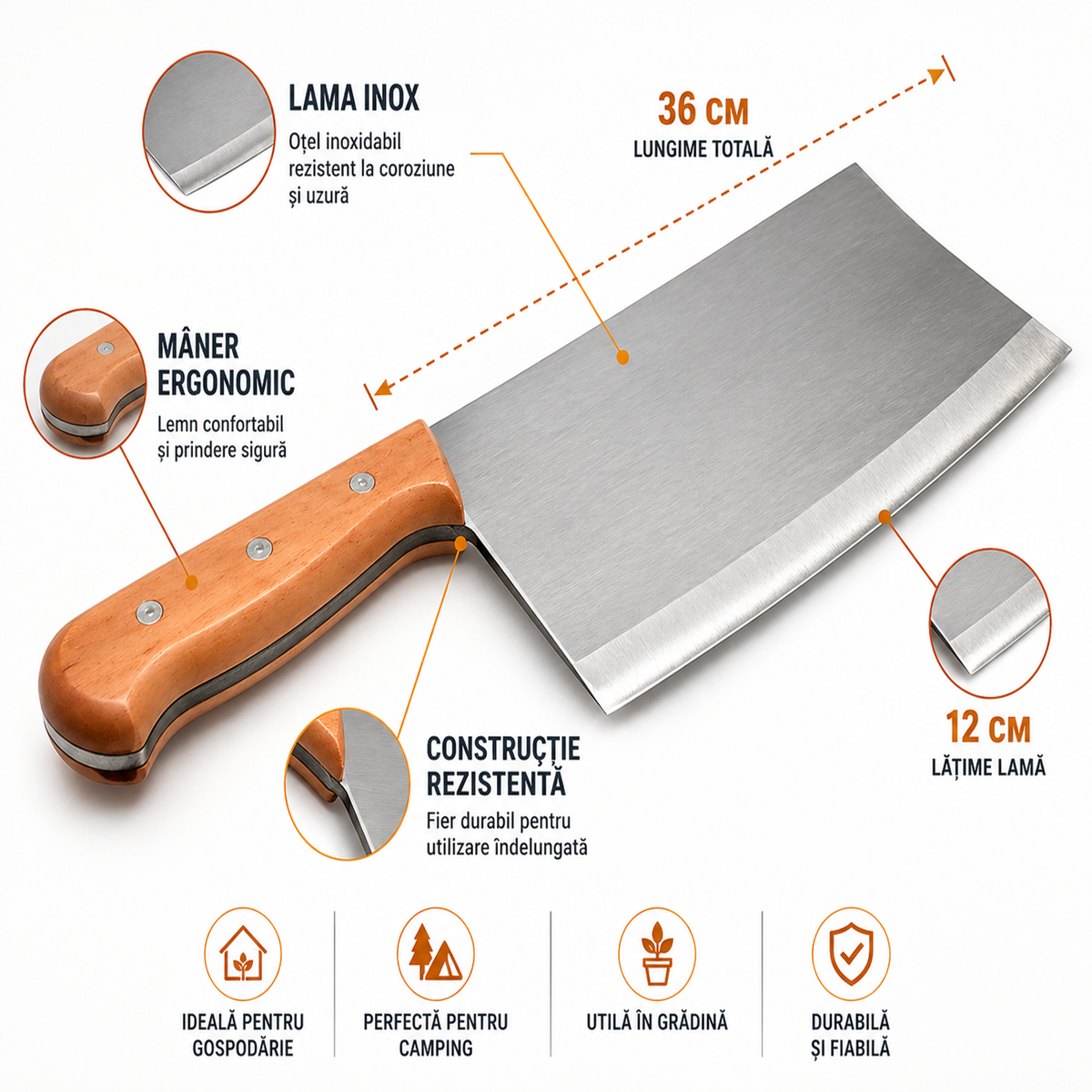 Barda 36 cm cu Lama din Inox si Maner din Lemn, Unealta pentru Gospodarie