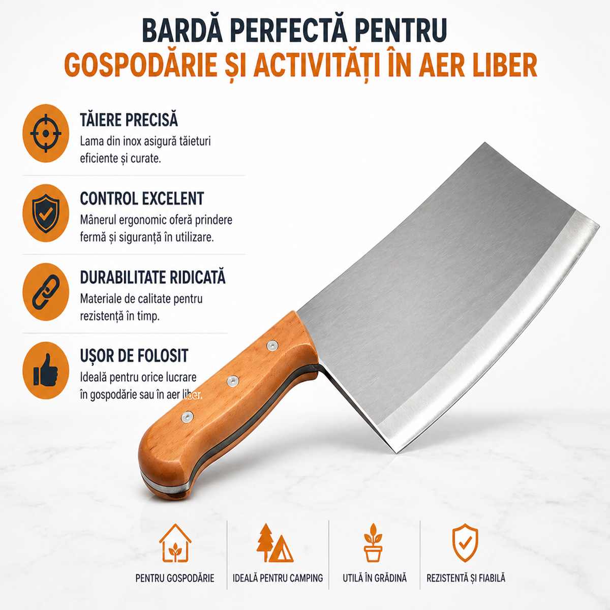 Barda 36 cm cu Lama din Inox si Maner din Lemn, Unealta pentru Gospodarie