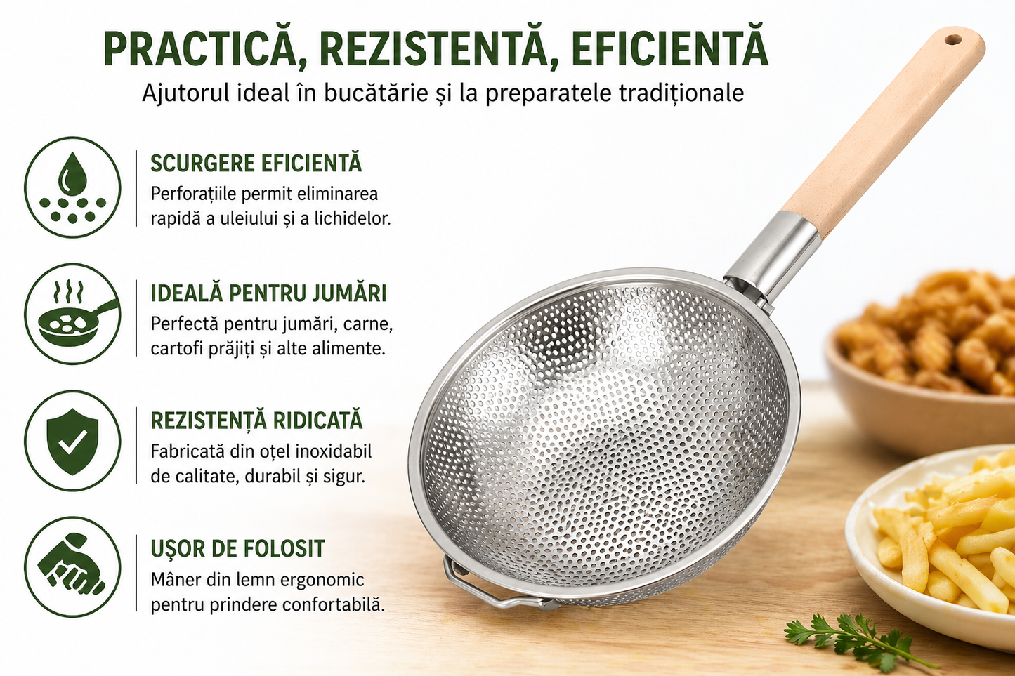 Strecuratoare Inox 25 cm cu Maner din Lemn, pentru Jumari, Cartofi Prajiti si Carne