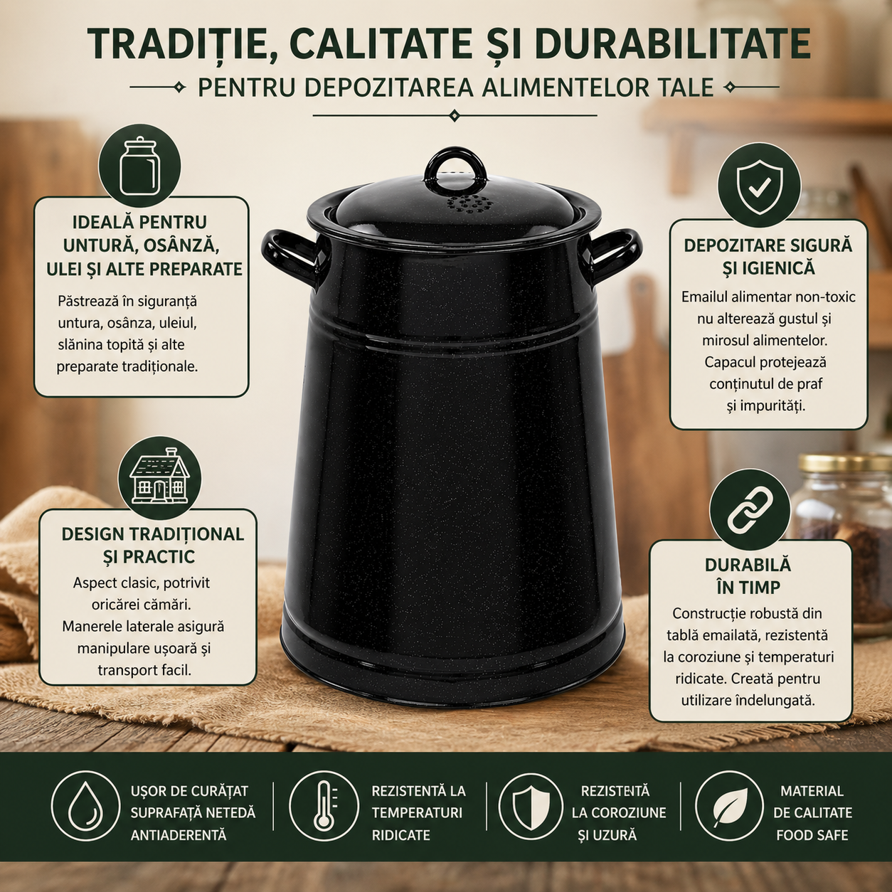 Garnita Emailata 5L cu Capac, pentru Untura, Osanza si Ulei, Negru, Recipient Traditional