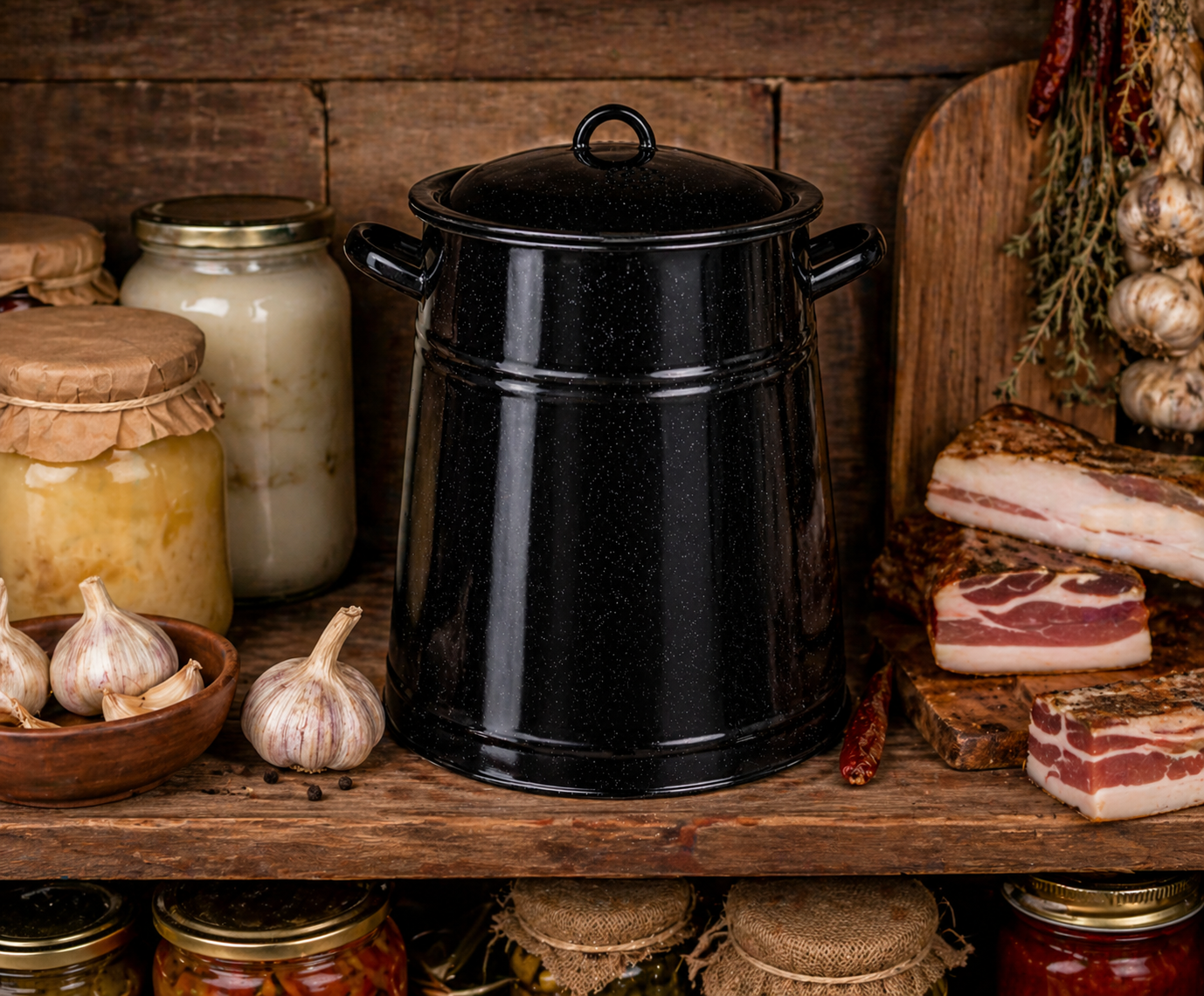 Garnita Emailata 5L cu Capac, pentru Untura, Osanza si Ulei, Negru, Recipient Traditional