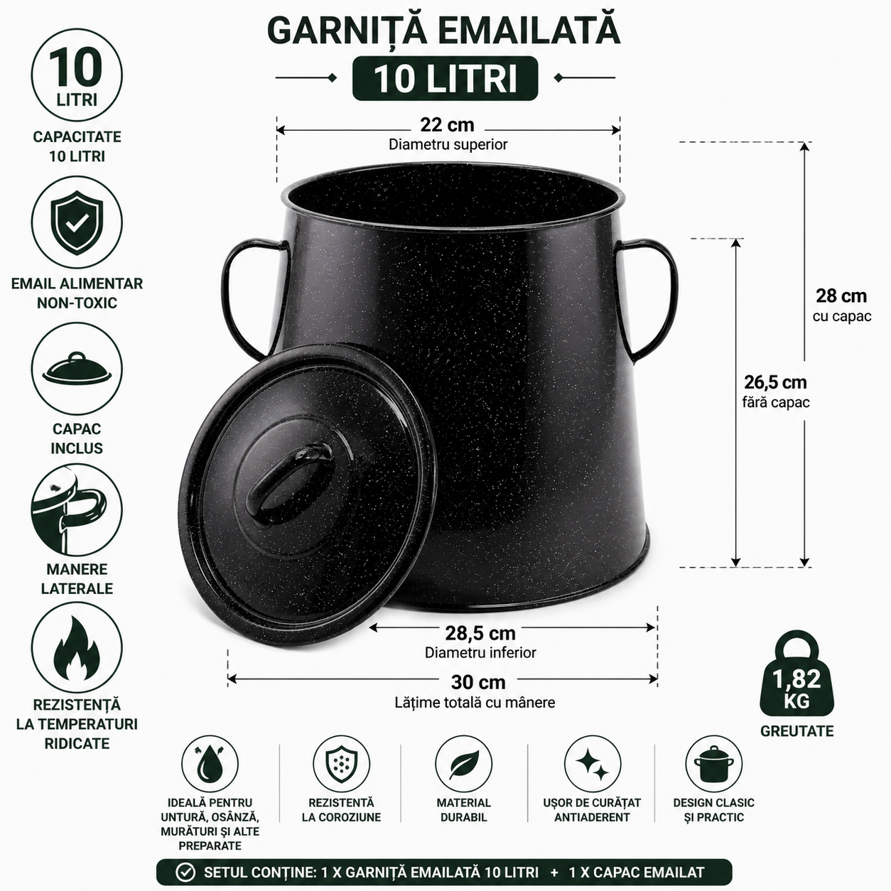 Recipient pentru Untura Emailat 10L cu Capac, Negru, Garnita Traditionala pentru Depozitare Alimente