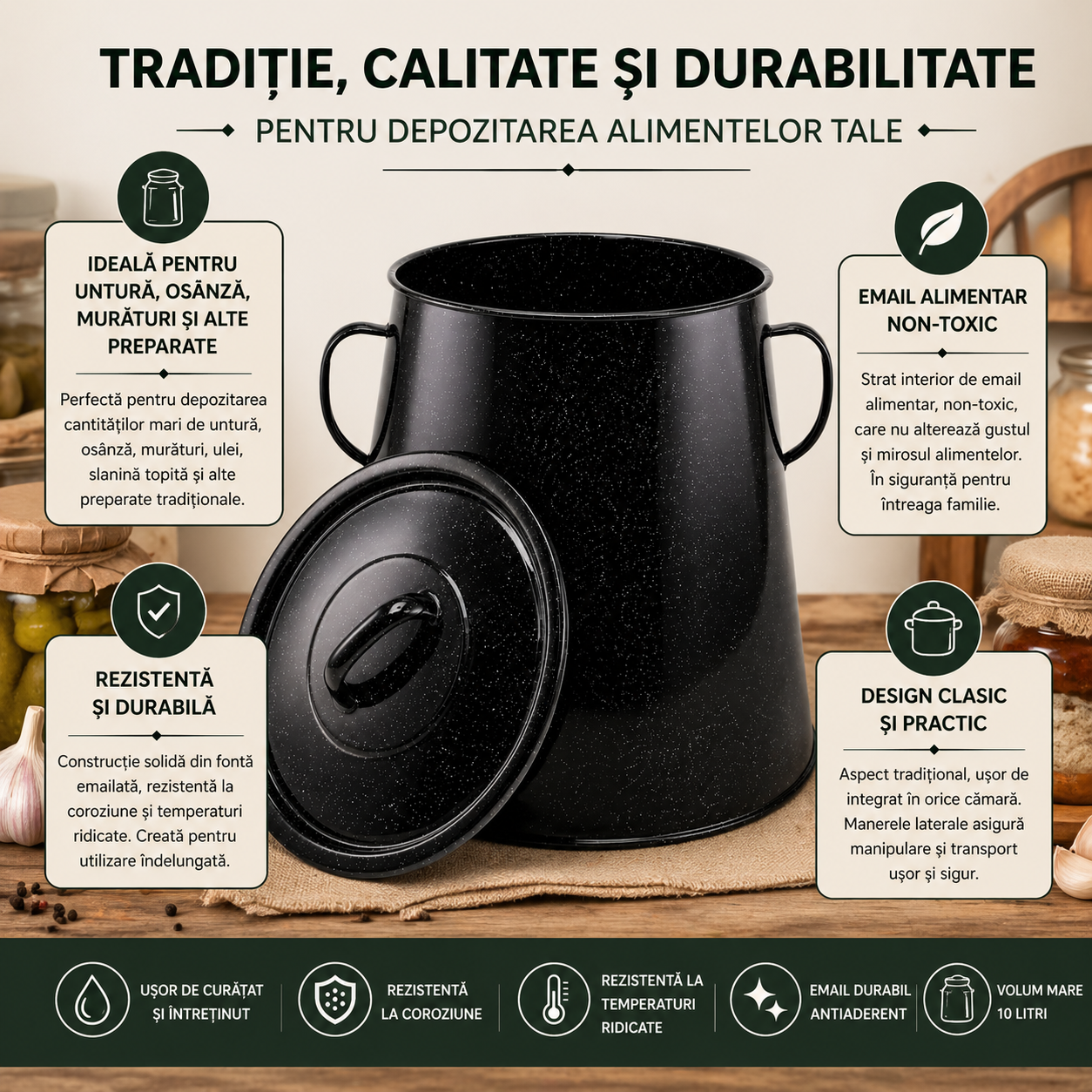 Recipient pentru Untura Emailat 10L cu Capac, Negru, Garnita Traditionala pentru Depozitare Alimente