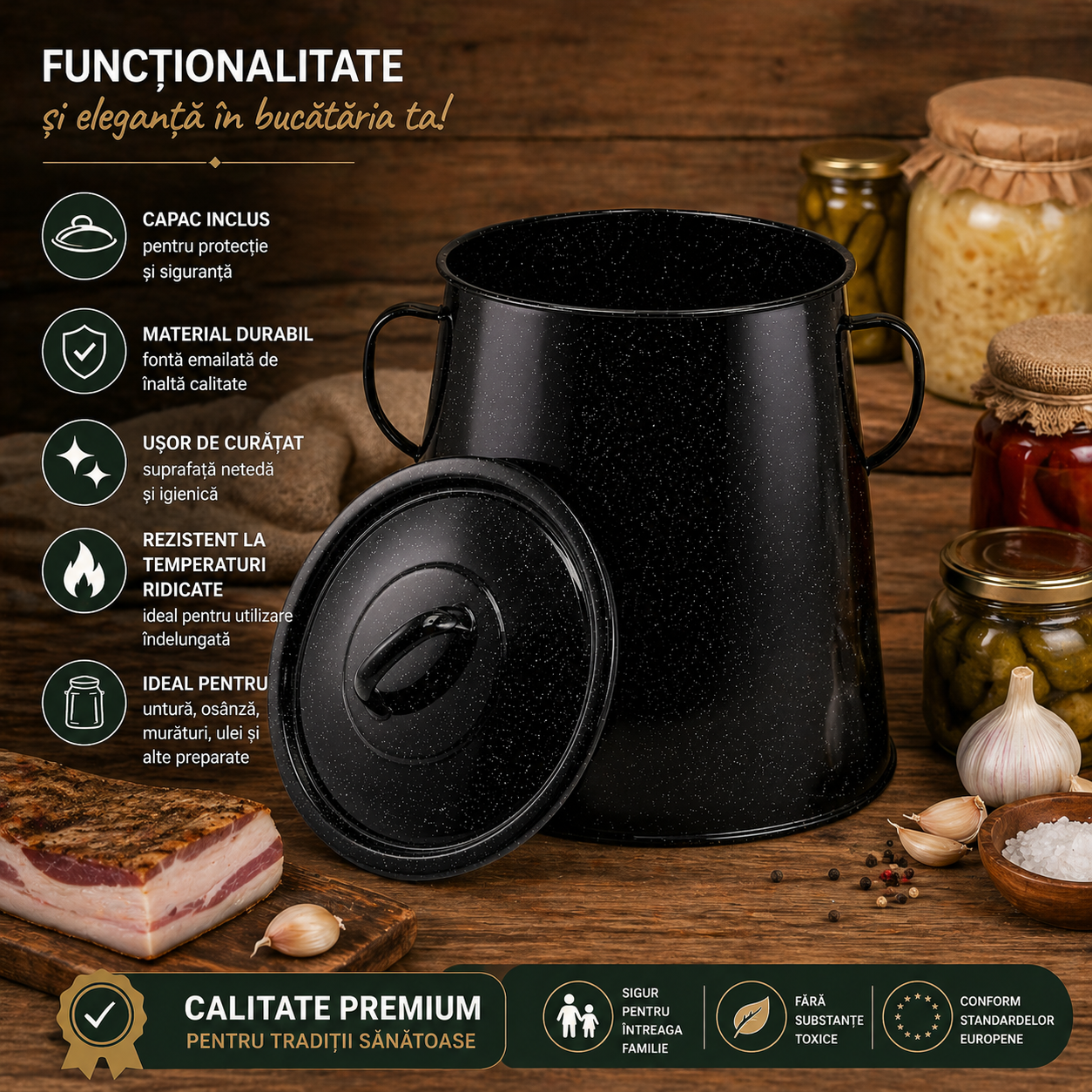 Recipient pentru Untura Emailat 10L cu Capac, Negru, Garnita Traditionala pentru Depozitare Alimente