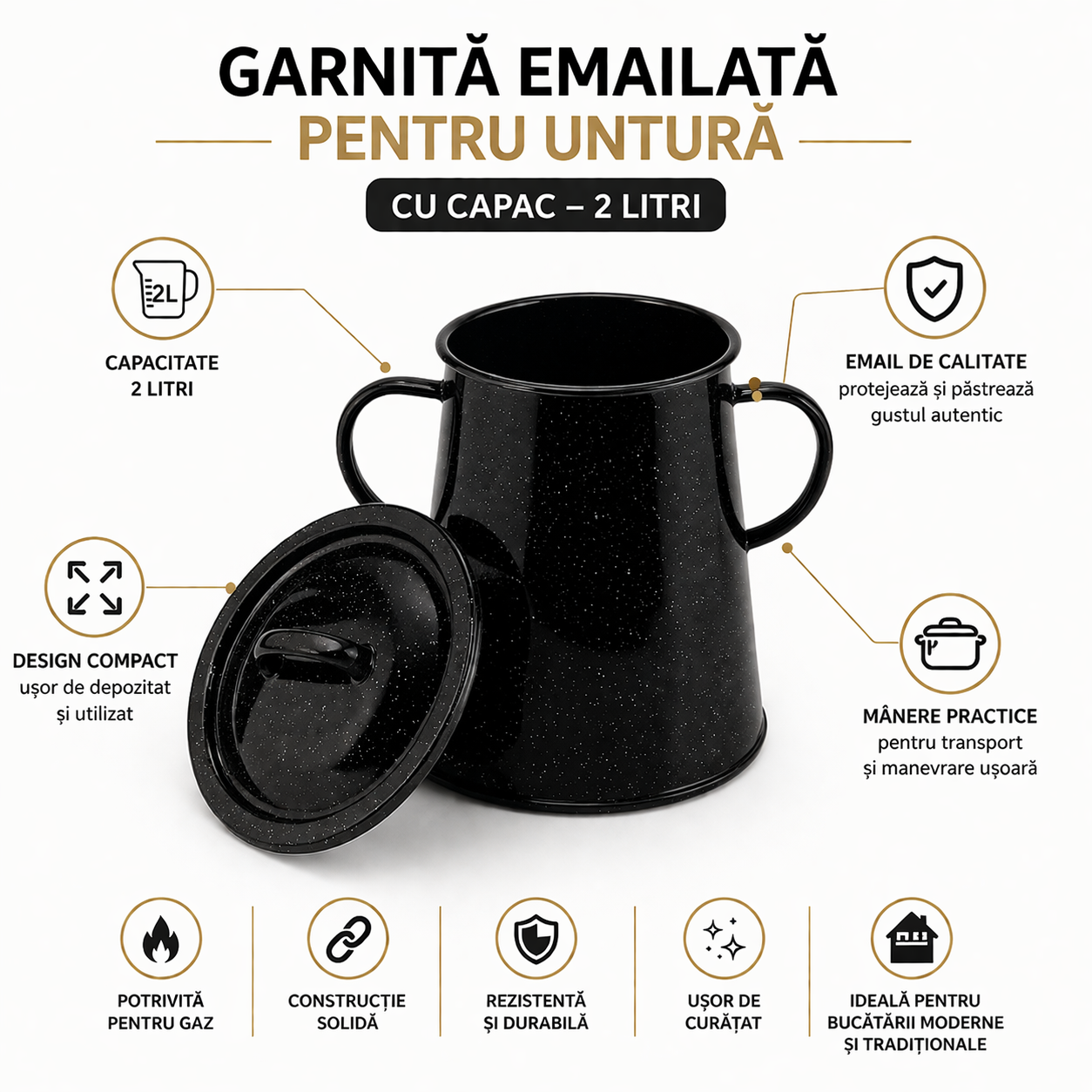 Garnita Emailata pentru Untura 2L cu Capac, Negru, Recipient Traditional