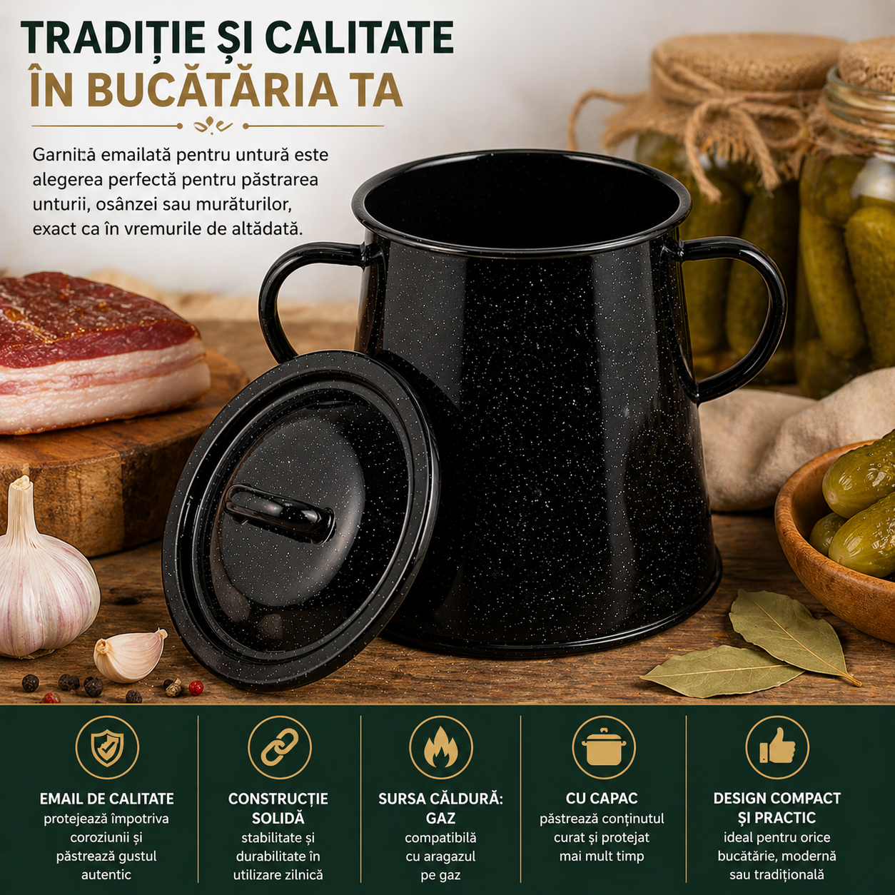 Garnita Emailata pentru Untura 2L cu Capac, Negru, Recipient Traditional