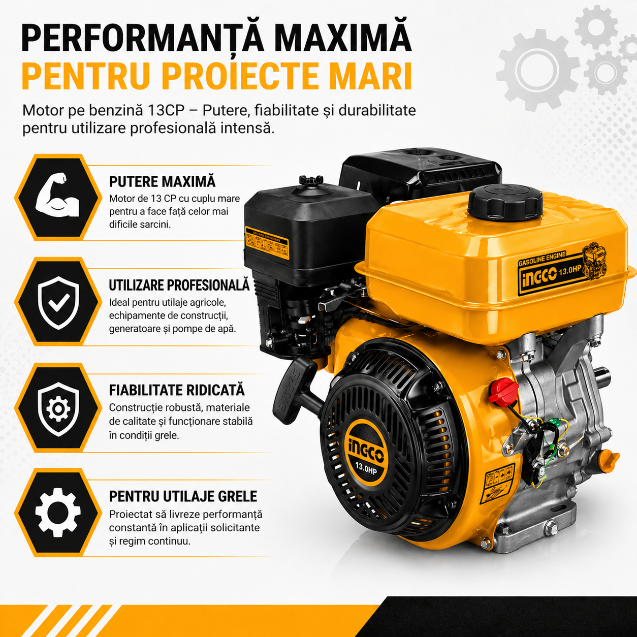 Motor Benzina 13CP Profesional, 389cc, OHV, 4 Timpi, Arbore 25.4 mm, Pentru Utilaje Grele