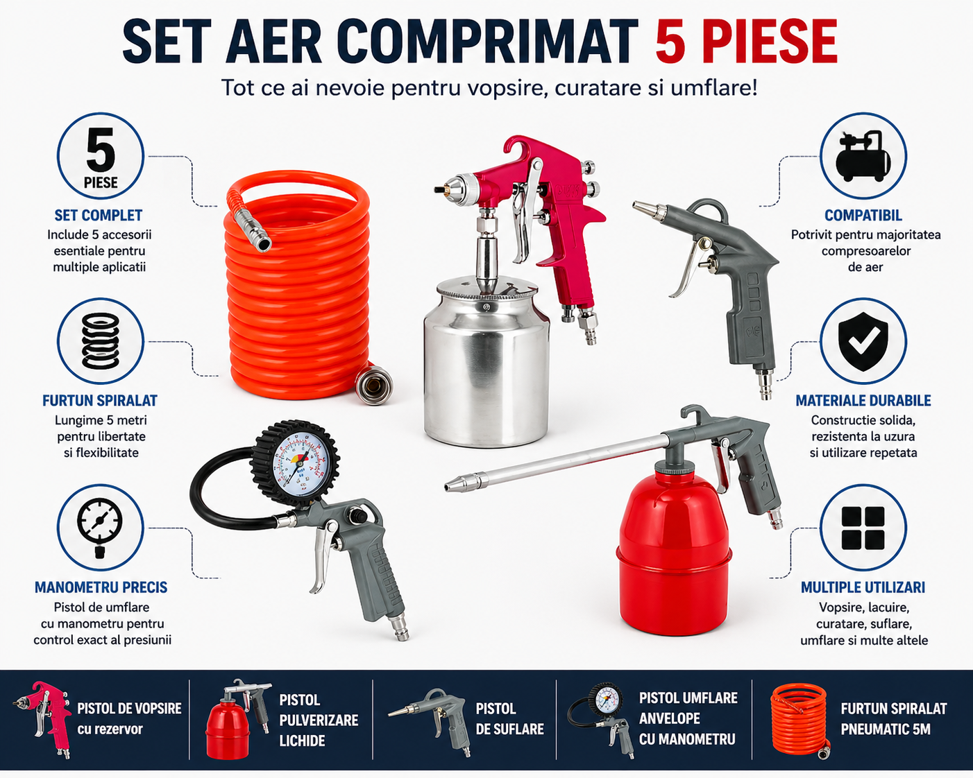 Set Aer Comprimat 5 Piese cu Furtun 5m, Pistol Vopsit, Suflat, Umflat Roti si Pulverizare