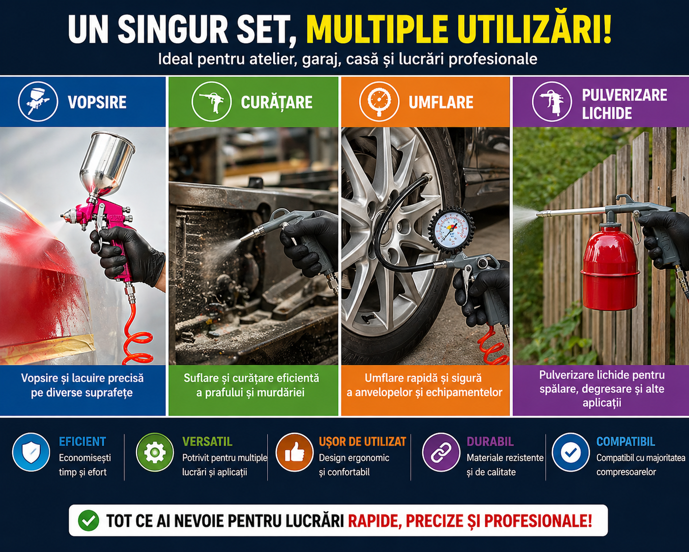 Set Aer Comprimat 5 Piese cu Furtun 5m, Pistol Vopsit, Suflat, Umflat Roti si Pulverizare