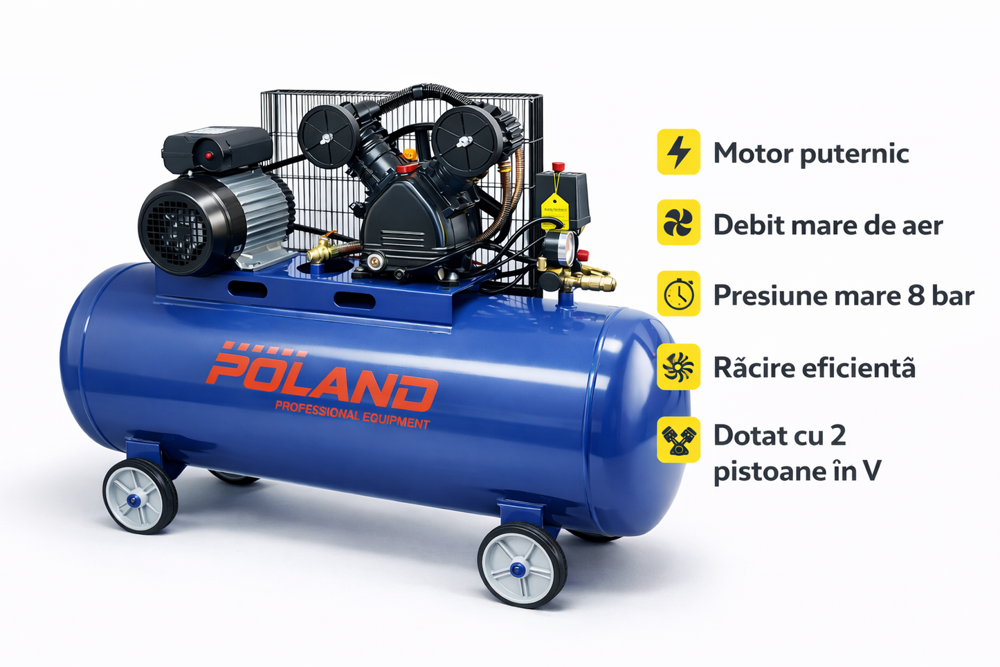 Compresor Aer Poland 100L, 3CP, 8 Bar, 220V, Rezervor 100 Litri, Pentru Scule Pneumatice si Vopsire