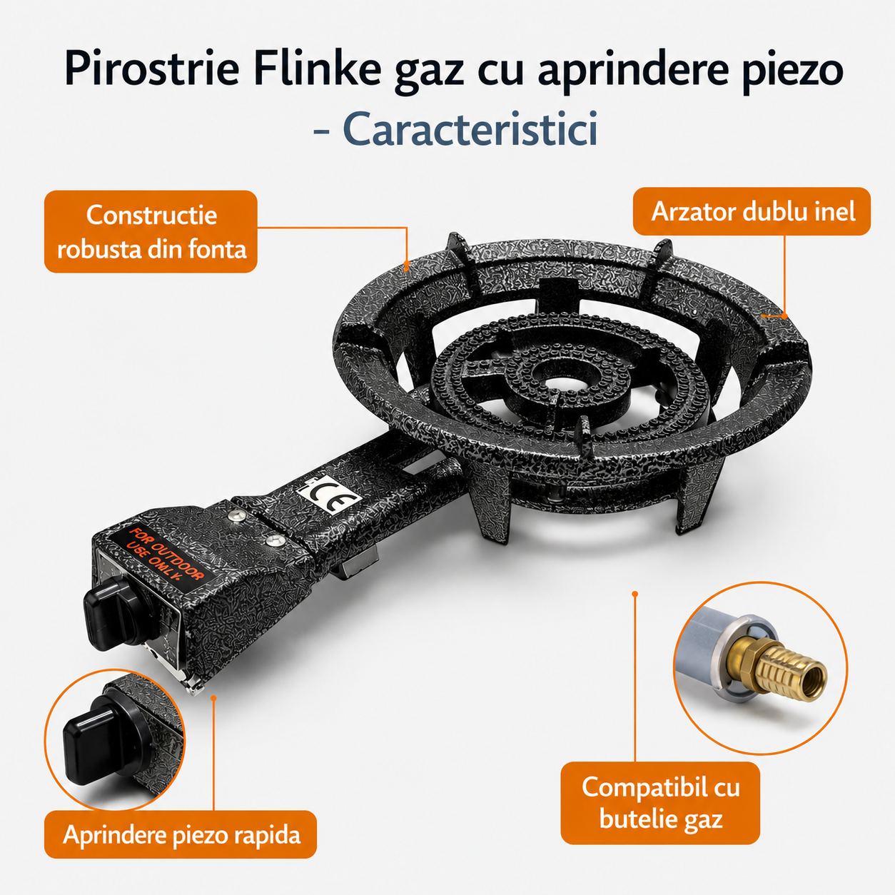 Pirostrie pe Gaz Flinke cu Aprindere Piezo, Fonta, Arzator Dublu Inel, Pentru Ceaun