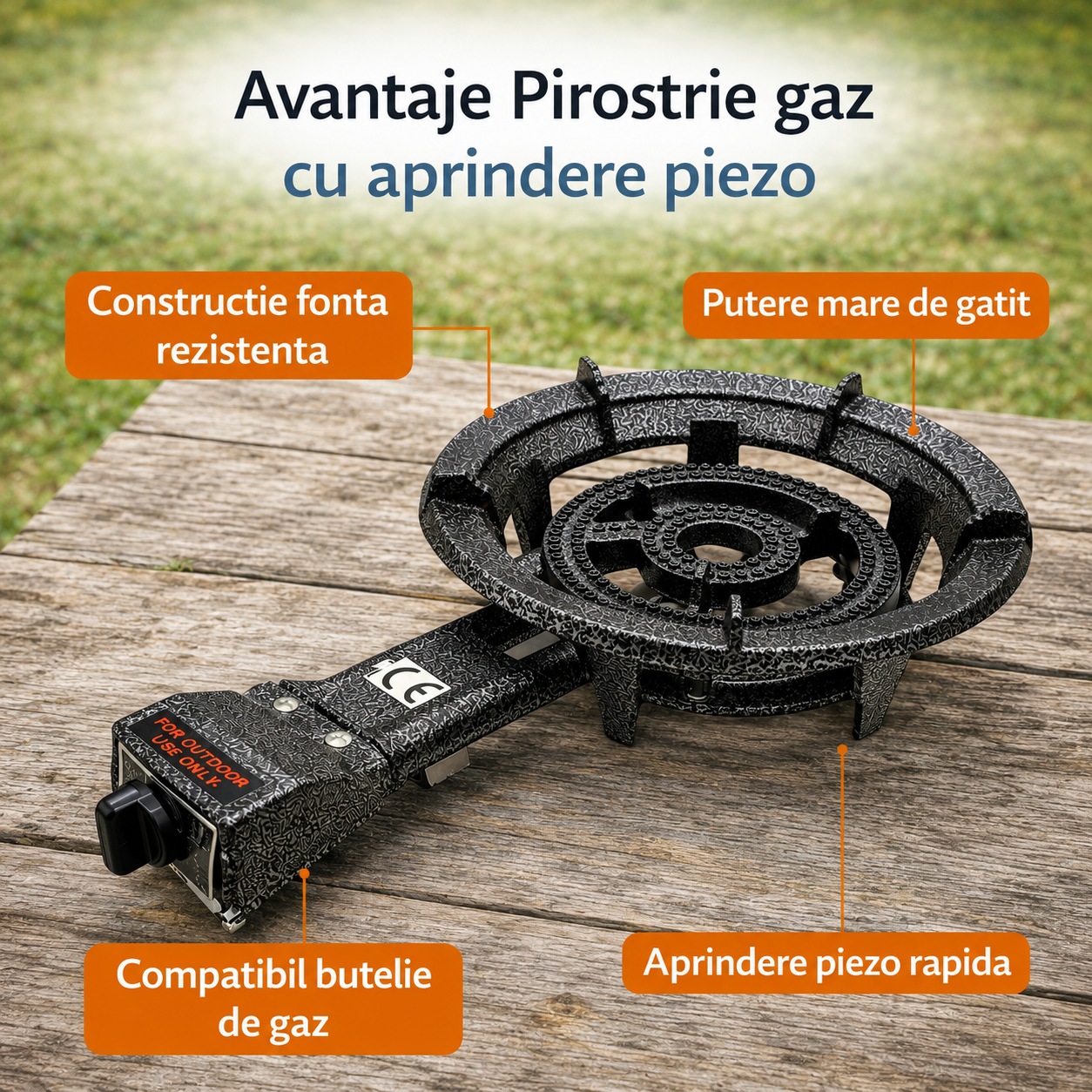Pirostrie pe Gaz Flinke cu Aprindere Piezo, Fonta, Arzator Dublu Inel, Pentru Ceaun