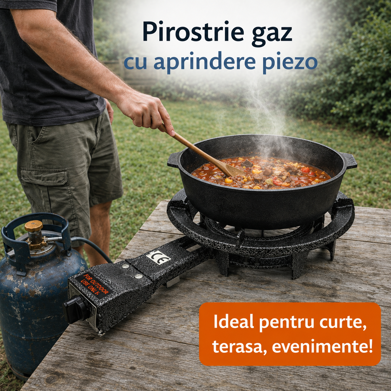 Pirostrie pe Gaz Flinke cu Aprindere Piezo, Fonta, Arzator Dublu Inel, Pentru Ceaun