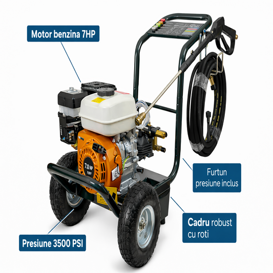 Aparat Spalat cu Presiune Profesional 3500 PSI, Motor Benzina 7HP – Putere Industriala Fara Curent