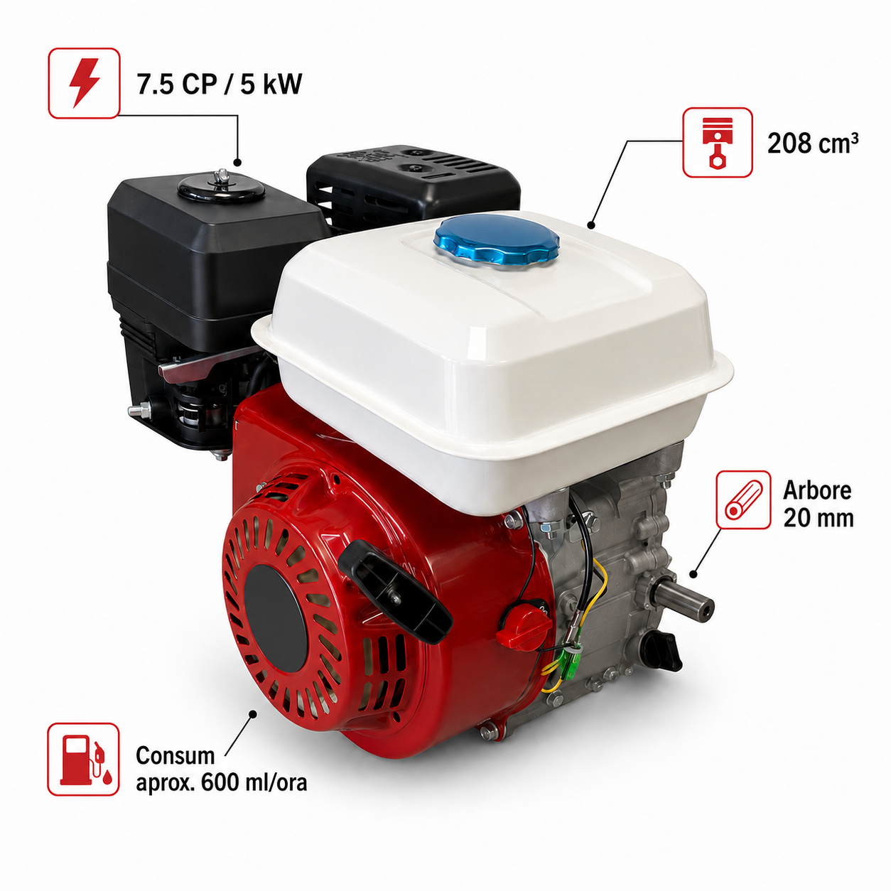 Motor Benzina Kraft Germany 7.5CP, 208cc, OHV, Arbore 20 mm, 4 Timpi, Pornire Manuala