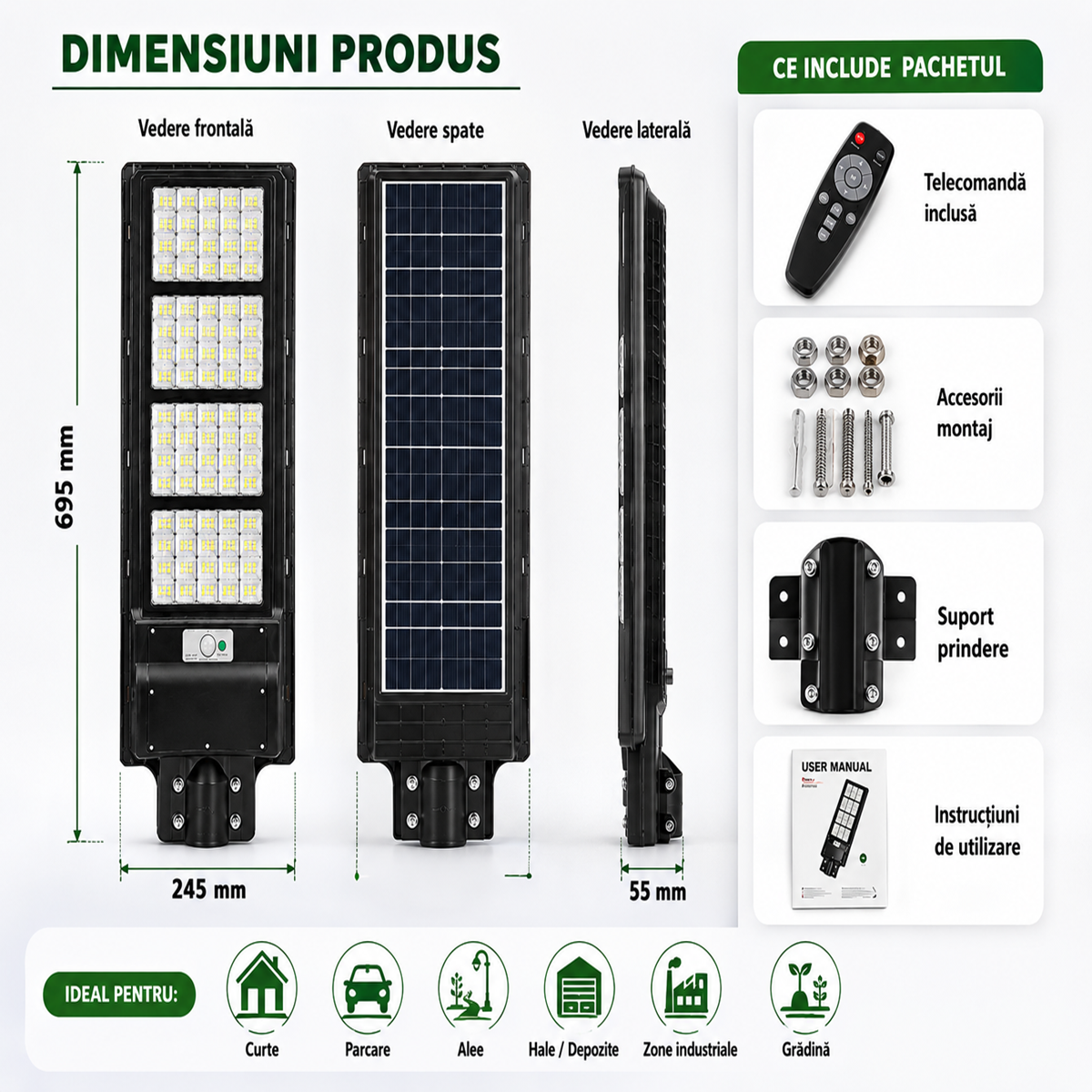 Lampa Stradala LED Solara 3500W cu Senzor Miscare si Telecomanda – Iluminare Exterior Puternica