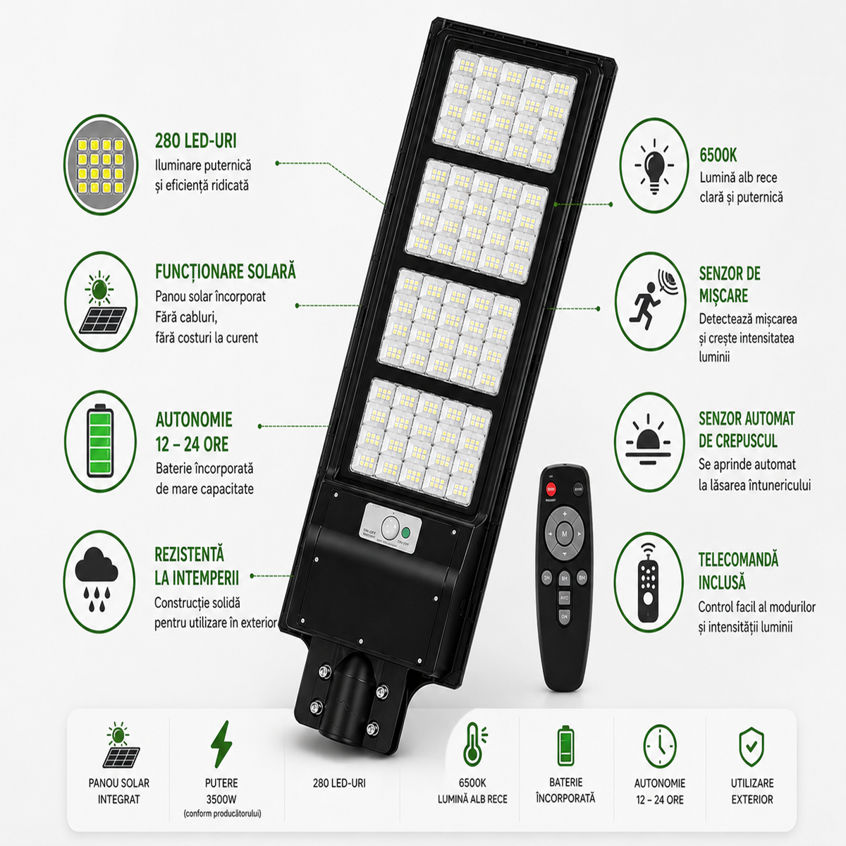 Lampa Stradala LED Solara 3500W cu Senzor Miscare si Telecomanda – Iluminare Exterior Puternica