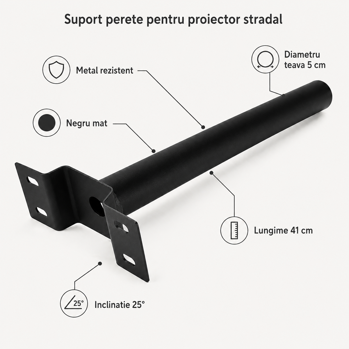 Suport Lampa Stradala pentru Stalp, Metal Negru, Unghi 25° – Montaj Exterior Rezistent