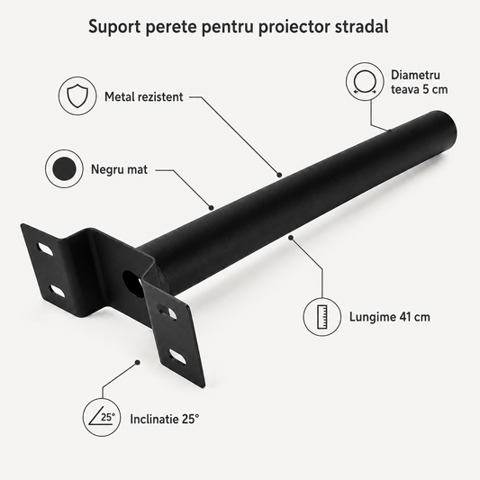 Suport Lampa Stradala pentru Stalp, Metal Negru, Unghi 25° – Montaj Exterior Rezistent