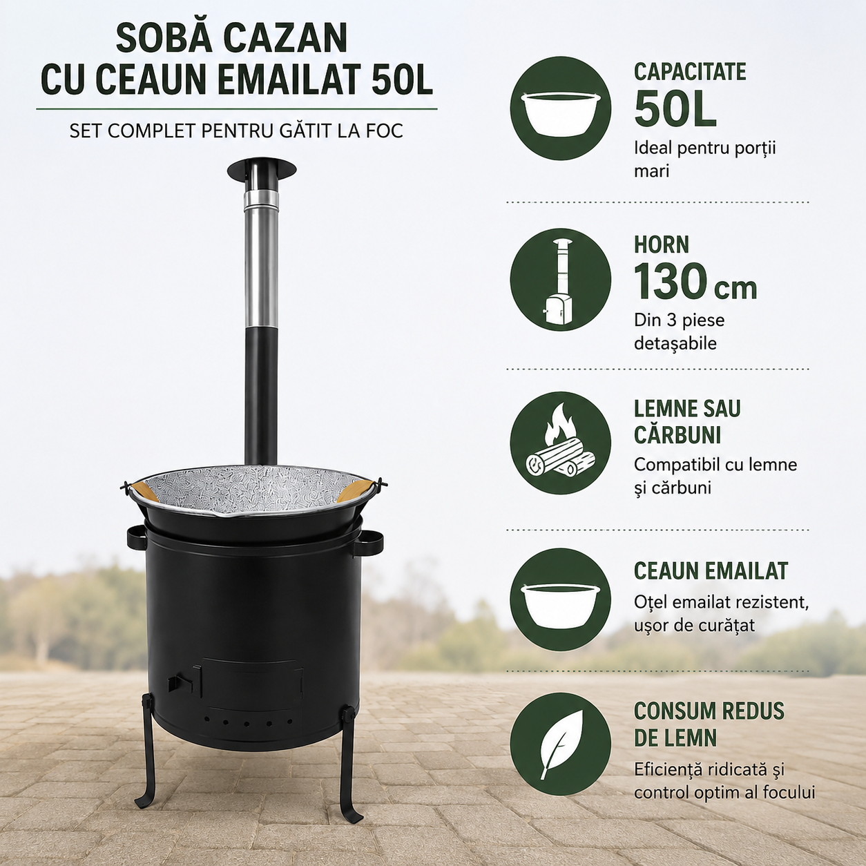 Soba Cazan cu Ceaun Emailat 50L, Focar Metalic si Horn