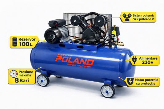 Compresor Aer Poland 100L, 3CP, 8 Bar, 220V, Rezervor 100 Litri, Pentru Scule Pneumatice si Vopsire