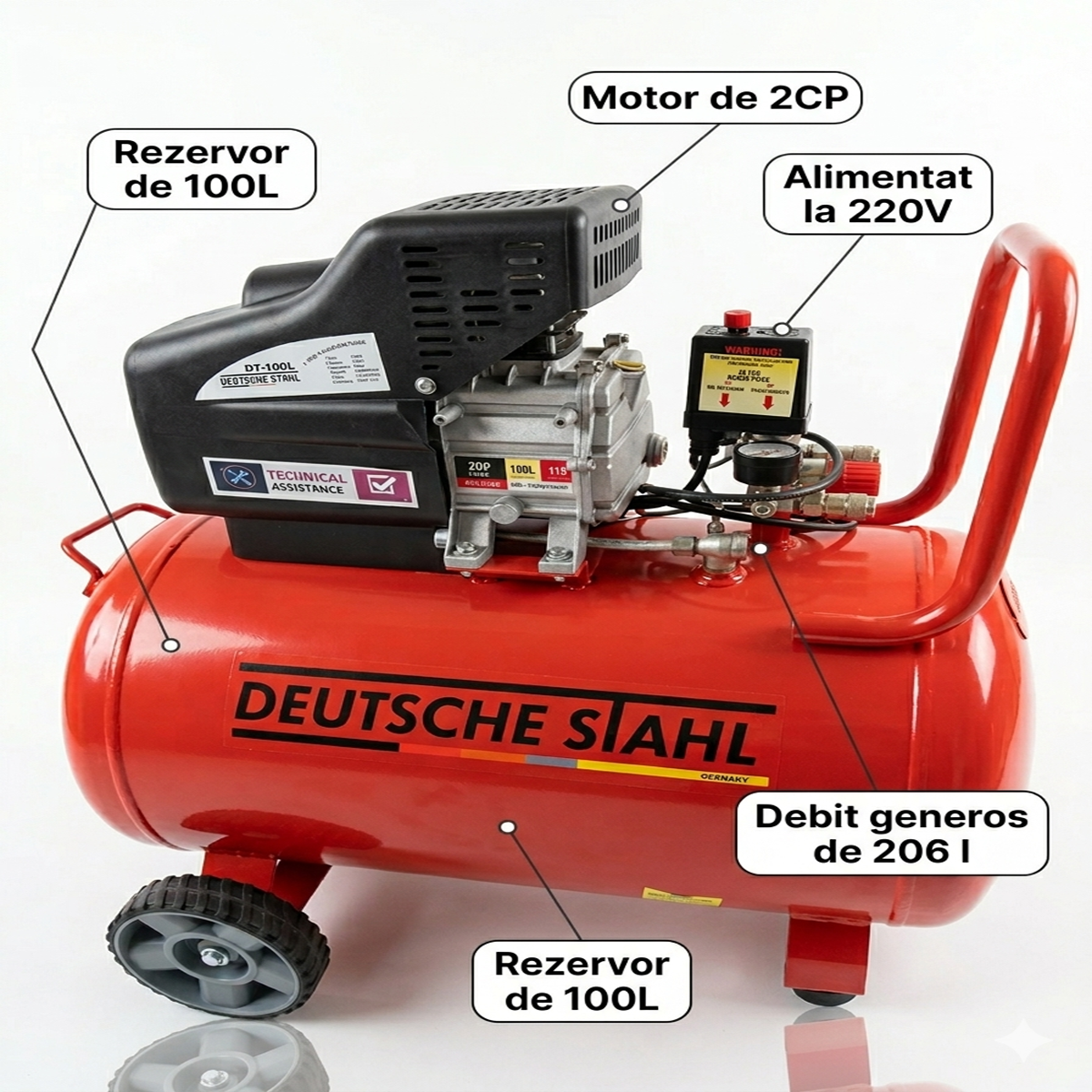 Compresor de aer 100L, 2CP, 220V, 8 bari, 206L/min, 2 iesiri aer