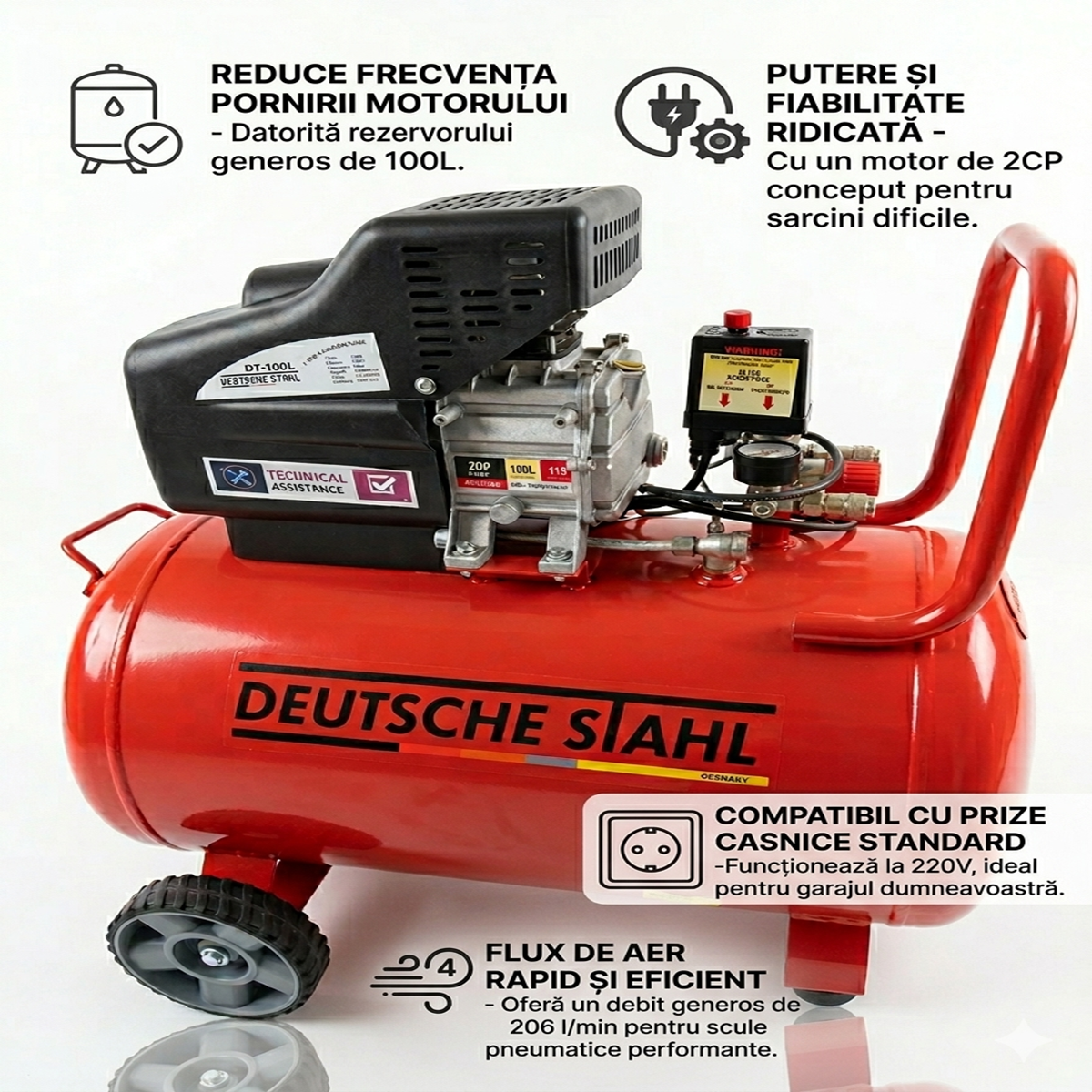 Compresor de aer 100L, 2CP, 220V, 8 bari, 206L/min, 2 iesiri aer