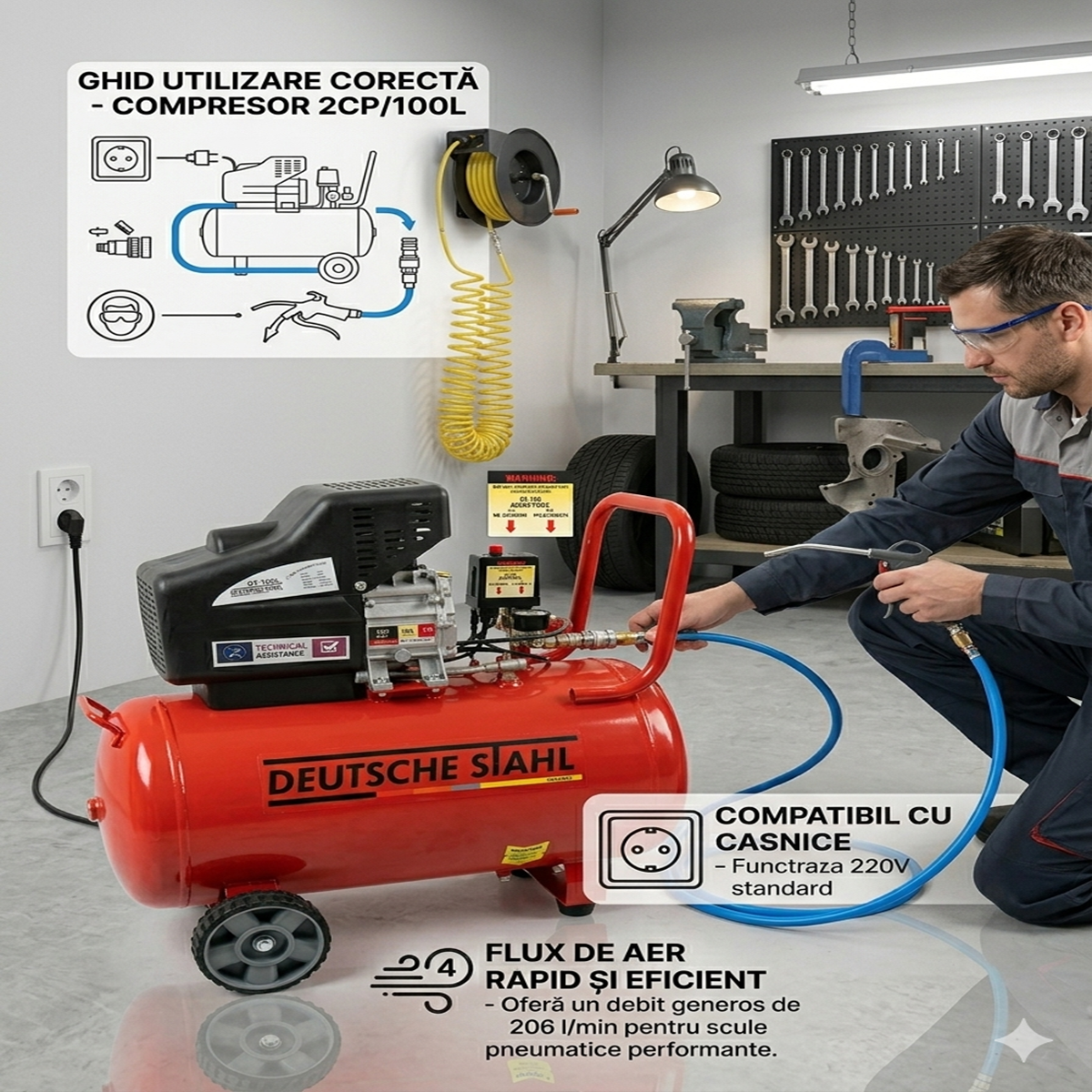 Compresor de aer 100L, 2CP, 220V, 8 bari, 206L/min, 2 iesiri aer