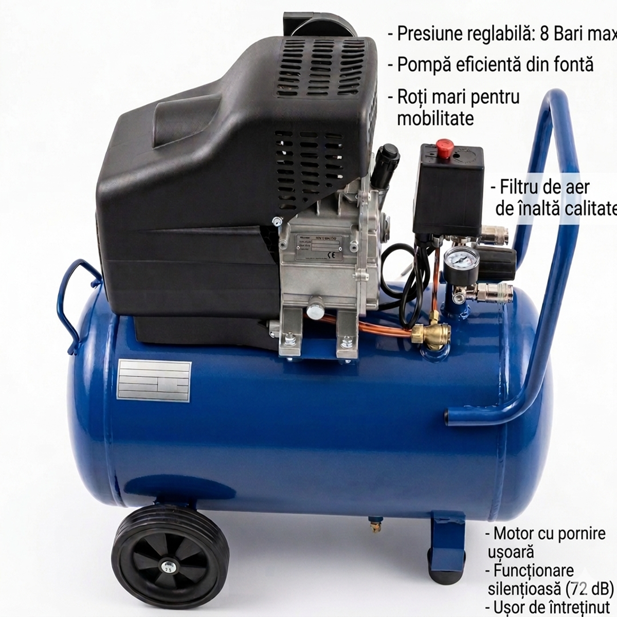 Compresor aer cu ulei 60L, 3.5CP, 8 bari, 210L/min, 2 manometre