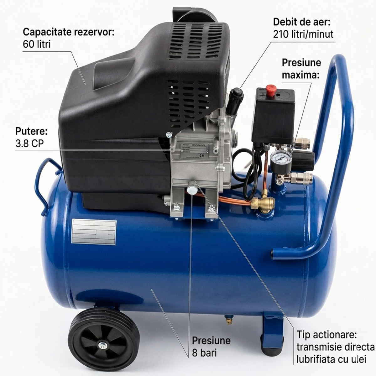 Compresor aer cu ulei 60L, 3.5CP, 8 bari, 210L/min, 2 manometre