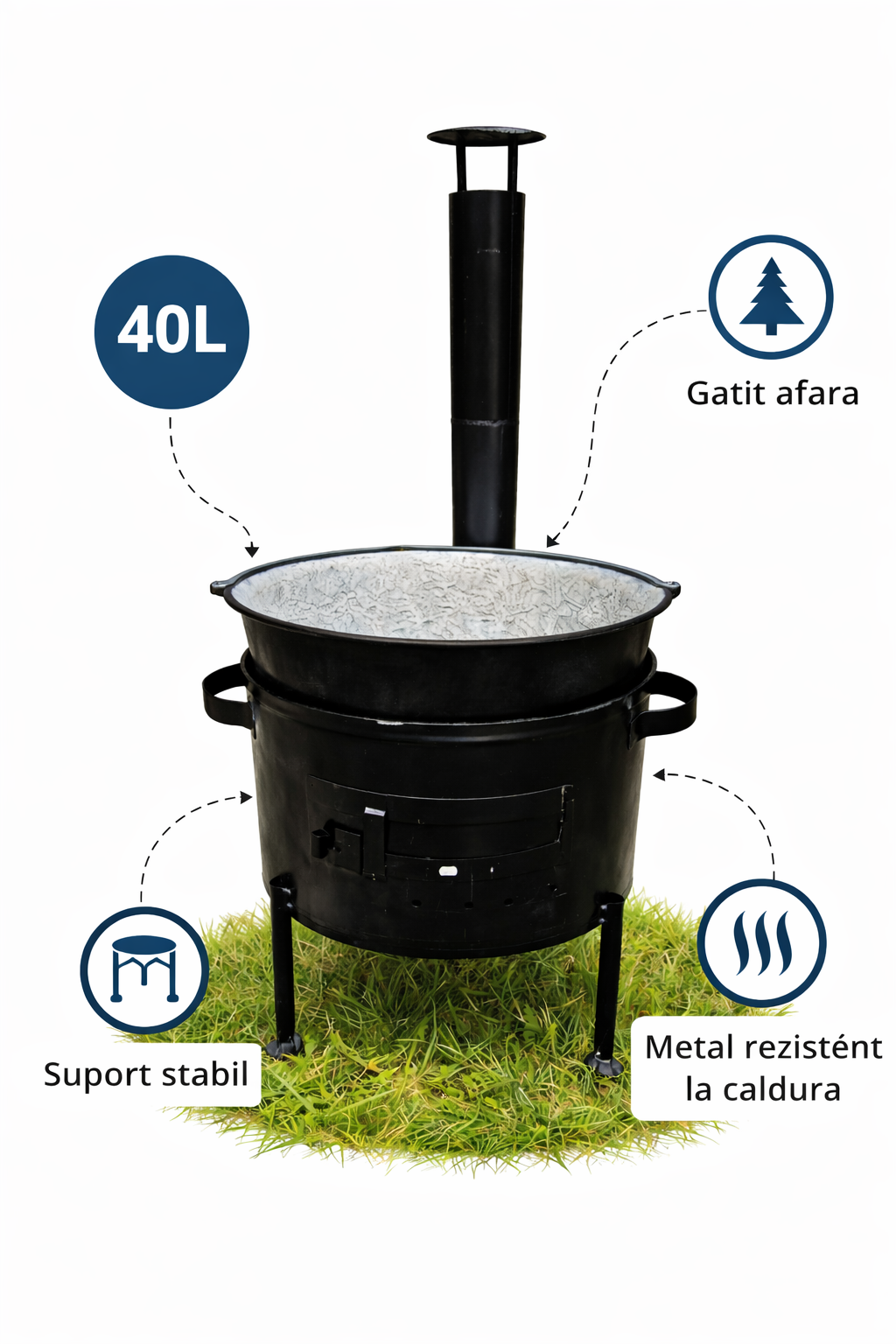 Set Ceaun 40L cu Focar 45 cm si Horn, Otel Emailat, Pentru Gatit in Aer Liber